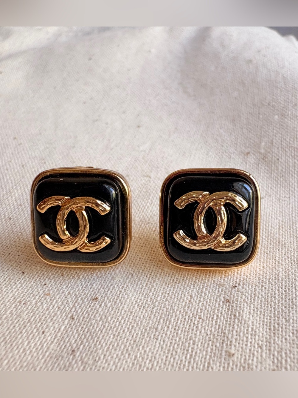 CHANEL Black and Gold CC Square Clip-On Earrings